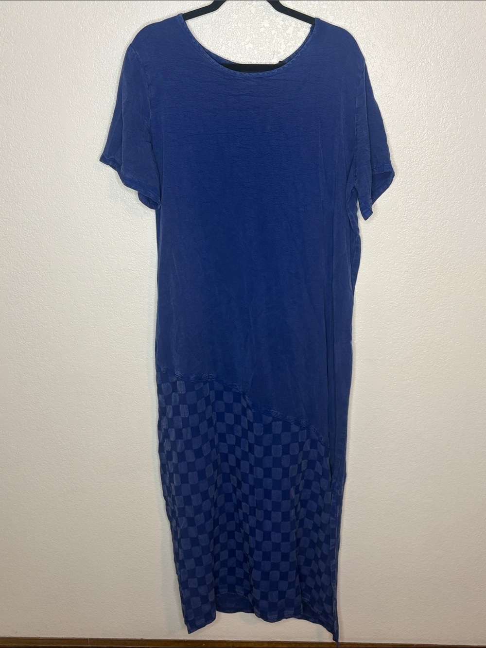 Vintage Frox Blue Checkered Maxi 90s Tee Shirt Dress Tie Back Size XLarge Tall